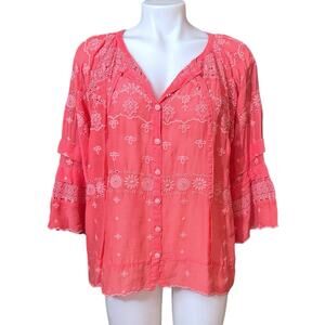 Johnny Was Tay Eylet Floral Embroidered Button Up Top Passionfruit Size Medium